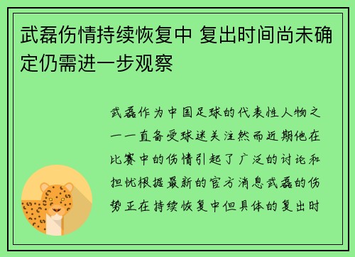 武磊伤情持续恢复中 复出时间尚未确定仍需进一步观察 武磊伤情持续恢复中 复出时间尚未确定仍需进一步观察