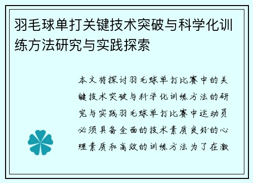 羽毛球单打关键技术突破与科学化训练方法研究与实践探索 羽毛球单打关键技术突破与科学化训练方法研究与实践探索